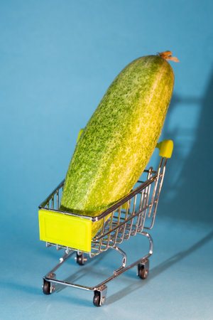 Miniature shopping basket filled with cucumber on a blue background.の写真素材
