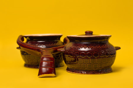 a clay pot and a handle for baking in the oven on a yellow background.