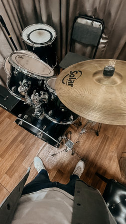 drum kit top view and a young guy without a face.の写真素材