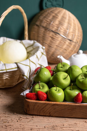 basket with green apples on the table.の写真素材