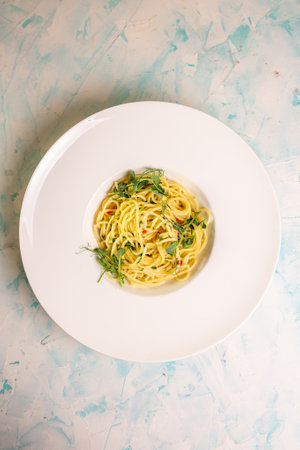 top view of the pasta of hard varieties in a white plate.の写真素材