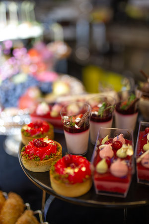 dessert in a plastic basket on the buffet table.の写真素材