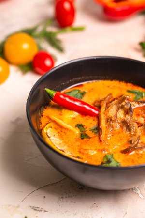 asian spicy tom yam soup with hot pepper and seafoodの写真素材