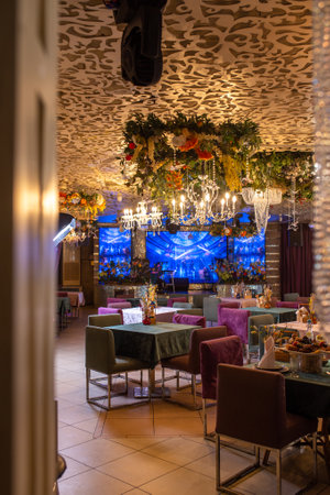 decor and lighting in the cafe in the evening.の写真素材