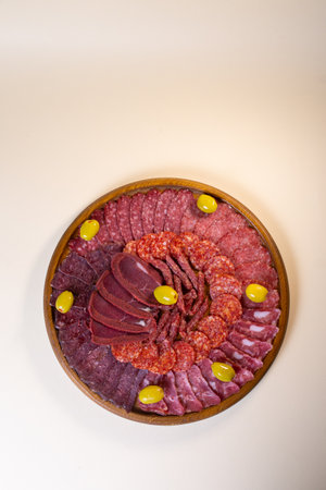 meat sliced from delicacies on a wooden stand top view.の写真素材