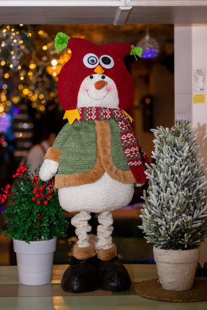 close-up of a toy snowman for new years decorの写真素材