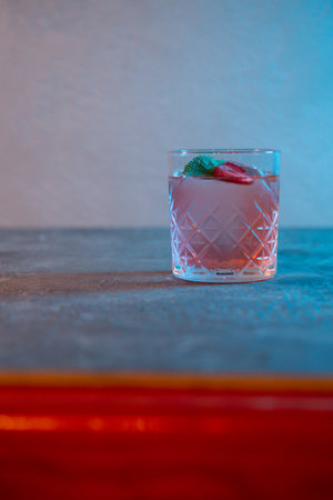pink cocktail with strawberries in neon light.