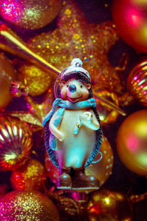 fabulous festive New Year's photo with a hedgehog toy for the Christmas tree.の写真素材