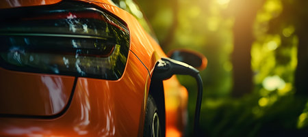 Photo for Sleek orange car gliding through a scenic landscape with lush green trees, under a clear blue sky, embraced by the warm glow of the sun - a perfect blend of natures beauty and modern technology. - Royalty Free Image