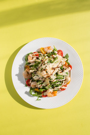 Delicious and healthy salad with greens, cherry tomatoes, and grilled shrimps. Served on a white plate, the image features a clean, modern look. Perfect for stock agencies or as a mockup.の写真素材