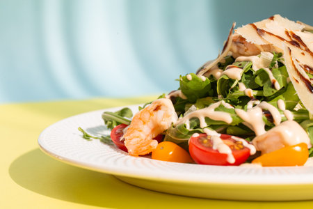 Delicious and healthy salad with greens, cherry tomatoes, and grilled shrimps. Served on a white plate, the image features a clean, modern look. Perfect for stock agencies or as a mockup.の写真素材