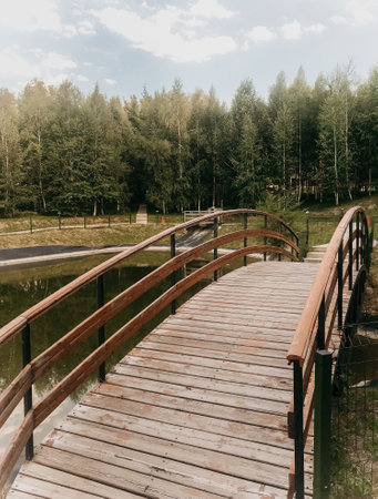a wooden bridge across the river in a clearing among the trees.の写真素材