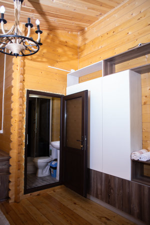 Wooden house bathroom with corner shower, toilet, sink. Glass door, wood walls floor. Cozy, modern, rustic design.の写真素材