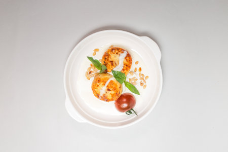 Two round fried cheese pancakes with sour cream and cherry tomatoes on a white plate on a white...