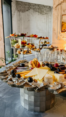 An assortment of tasty cheeses, grapes, and apple slices on a silver tray make a delicious appetizer or snack.の写真素材