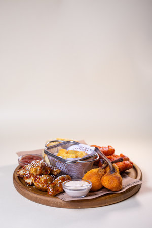 A variety of fried chicken wings, potato balls, and cheese sticks with dipping sauces on a wooden platter.の写真素材