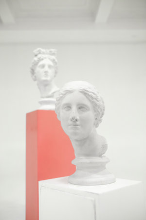 Two white sculptures of female heads are on podiums against a gray background. The sculptures are both looking to the left.の写真素材