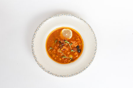 Rich soup with smoked meats, sausages, lemon, and olives, viewed from above on a white backgroundの写真素材