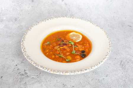 Traditional Georgian bean soup Lobio with herbs in ceramic plate