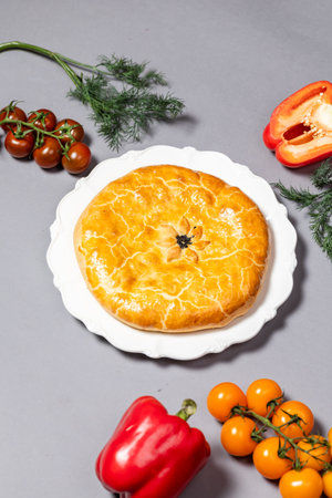 Delicious hot pie on a gray background. Photo for the menu on a gray background pie and various...