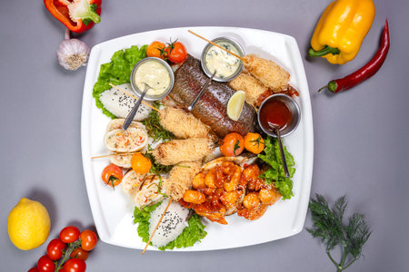 Grilled fish, spicy shrimp, spring rolls, and rice on a white plate. Top view on gray background -...