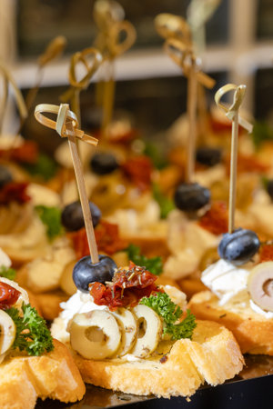 Canapes with feta cheese olives blueberry tomato on bread base elegant appetizers for event