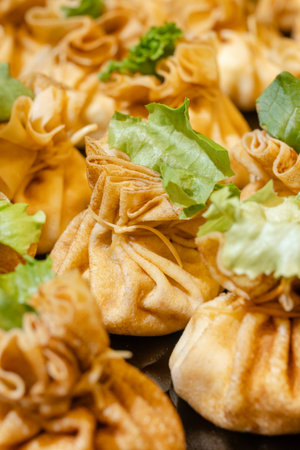 Golden fried dumplings in pouch shape with fresh lettuce - appetizing hot snack