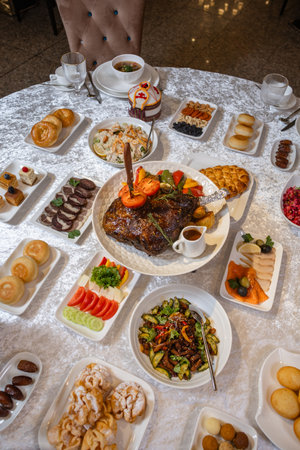 Top view of a lavish banquet table with roasted meat, salads, desserts, and drinks. Perfect for weddings, corporate events, or food photography.の写真素材