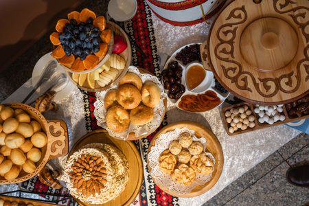 Top view of table with baklava, buns, fruits, and dried fruits. Perfect for celebration, hospitality, and Middle Eastern cuisine themes.の写真素材