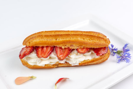 A golden, flaky eclair filled with whipped cream and fresh strawberry slices rests elegantly on a...