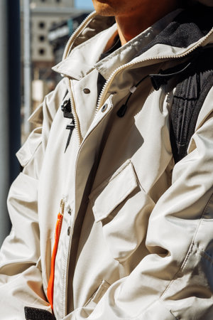 Close-up of a man wearing a light technical jacket with pockets, zippers, and black backpack against a bright city backdrop.の写真素材