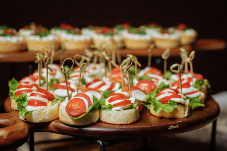 Fresh bite-sized appetizers with cherry tomatoes, lettuce and creamy sauce - perfect for elegant events or luxury catering visuals.の写真素材