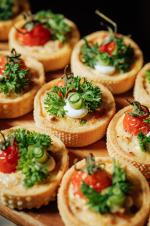 Close-up of mini tartlets with cherry tomatoes, cucumber, and fresh herbs on a wooden board. Light background, natural lighting, appetizing presentation.の写真素材