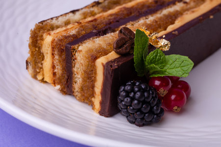 Close-up of layered cake with chocolate, caramel and fresh berries on textured white plate