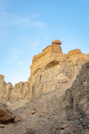 The Valley of Castles in the Charyn Canyon in Kazakhstan - Wild Nature, Desert Landscape, and Blue...