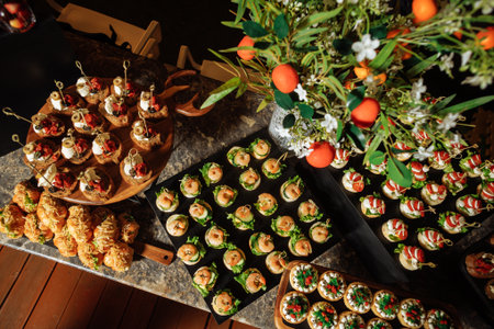 Top view of buffet table with canapes, flowers and oranges - luxurious catering setup.の写真素材
