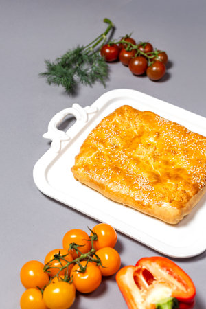 Close-up of pie with sesame seeds on white tray - appetizing snack with cherry tomatoes.の写真素材
