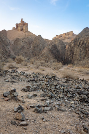 Wide shot of canyon with rocky foreground and rock castles in distance - wild nature landscape