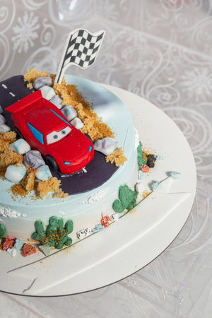Close-up of cake with car - details of decoration and texture.の写真素材
