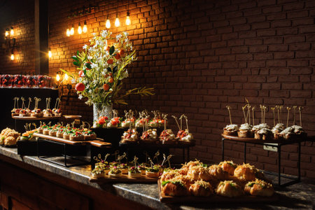 Lavish buffet spread with profiteroles and canapes close-up on brick wall background