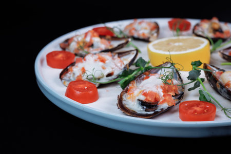 Baked mussels with cheese, lemon, and cherry tomatoes on a black background in close-up.