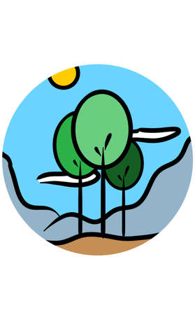 Landscape in illustration of trees and mountainsの写真素材