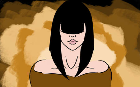 Illustration of black-haired girl with long bangs and abstract backgroundの写真素材