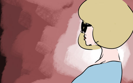 Illustration of blonde girl with short hair and black glasses and abstract backgroundの写真素材