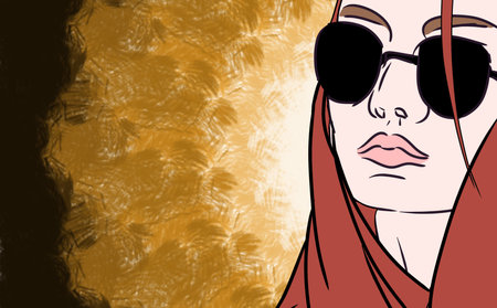 Illustration of red-haired girl with dark glassesの写真素材