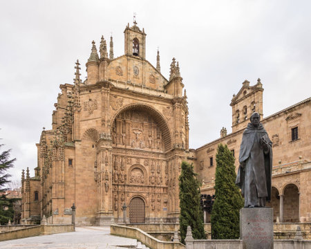 Main facade of the church of San Esteban  On the right, the convent  Plateresque Gothic and Baroque  Salamanca, Spain のeditorial素材