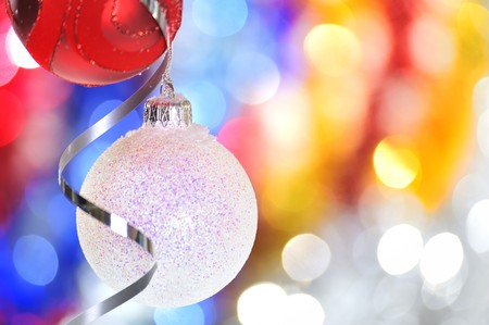 Christmas baubles and ribbonsの写真素材