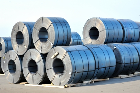 rolls of steel sheet in harborの写真素材