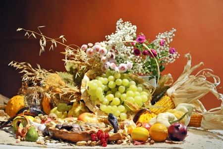 autumn arrangement with fruits and vegetablesの写真素材