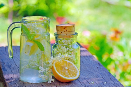 Elderflower and lemon juice shoot in gardenの写真素材